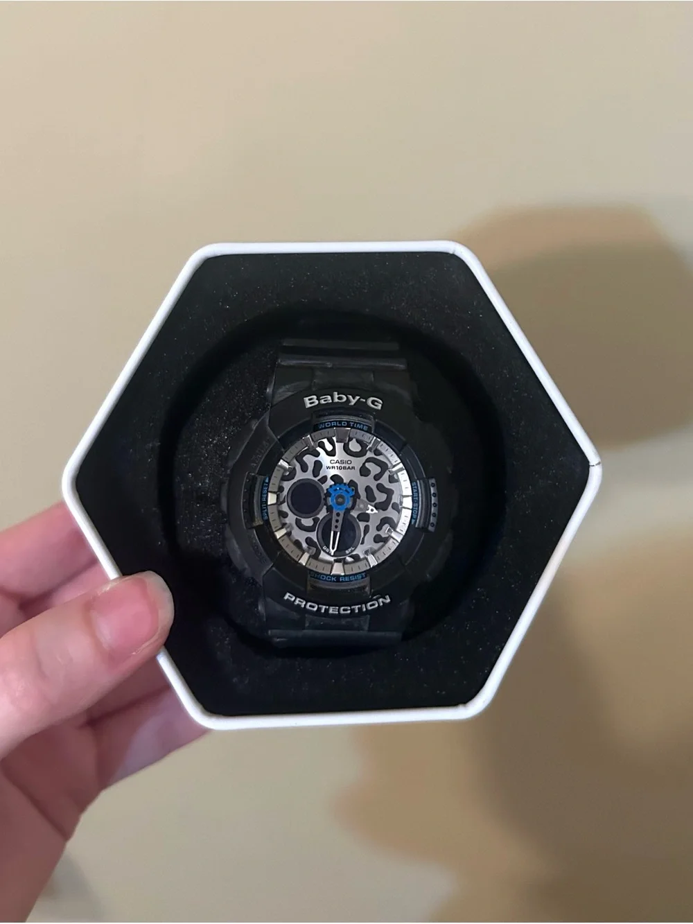 Casio Baby-G Black Watch with Cream Leopard Dial and Blue Accents